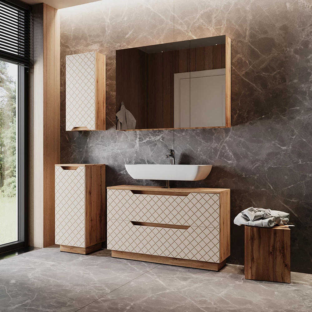 Close-up of Badkamermeubelset in Eiken/kasjmier met tegelstructuur, showing design and surface details