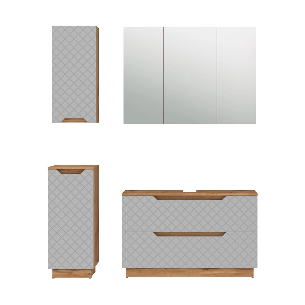 Badmöbel-Set in Eiche/Grau mit Kachelstruktur auf weißem Hintergrund