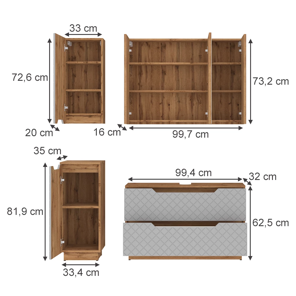 Badmöbel-Set in Eiche/Grau mit Kachelstruktur auf weißem Hintergrund mit sichtbaren Maßen