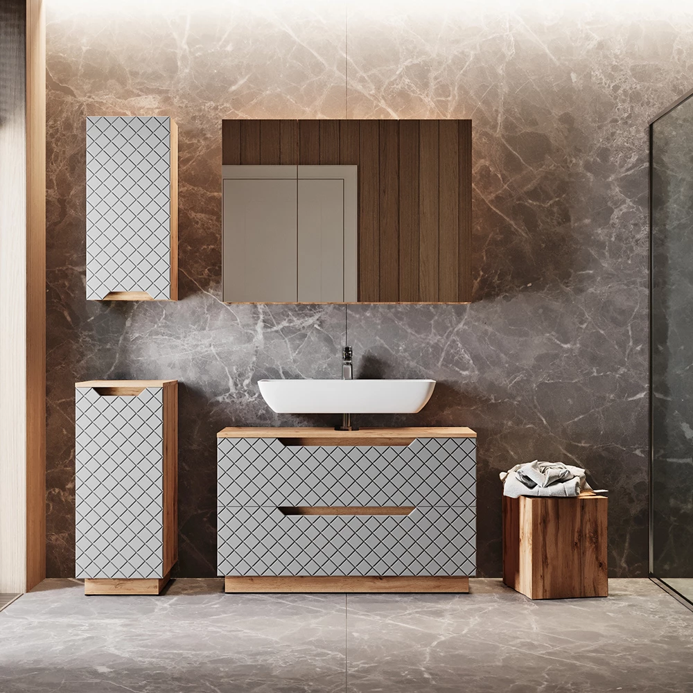 Badmöbel-Set in Eiche/Grau mit Kachelstruktur, dargestellt im Ambiente mit Dekoration