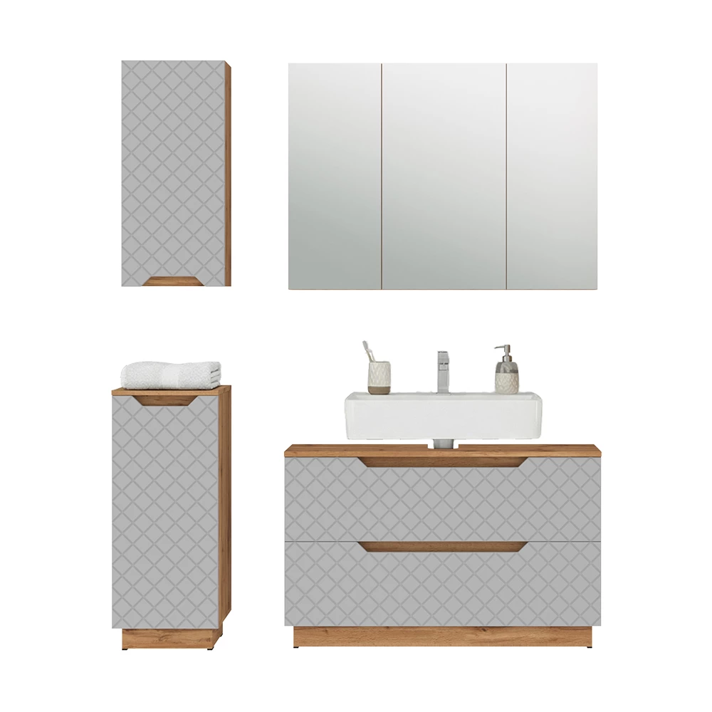 Badmöbel-Set in Eiche/Grau mit Kachelstruktur auf weißem Hintergrund mit dekorativen Elementen