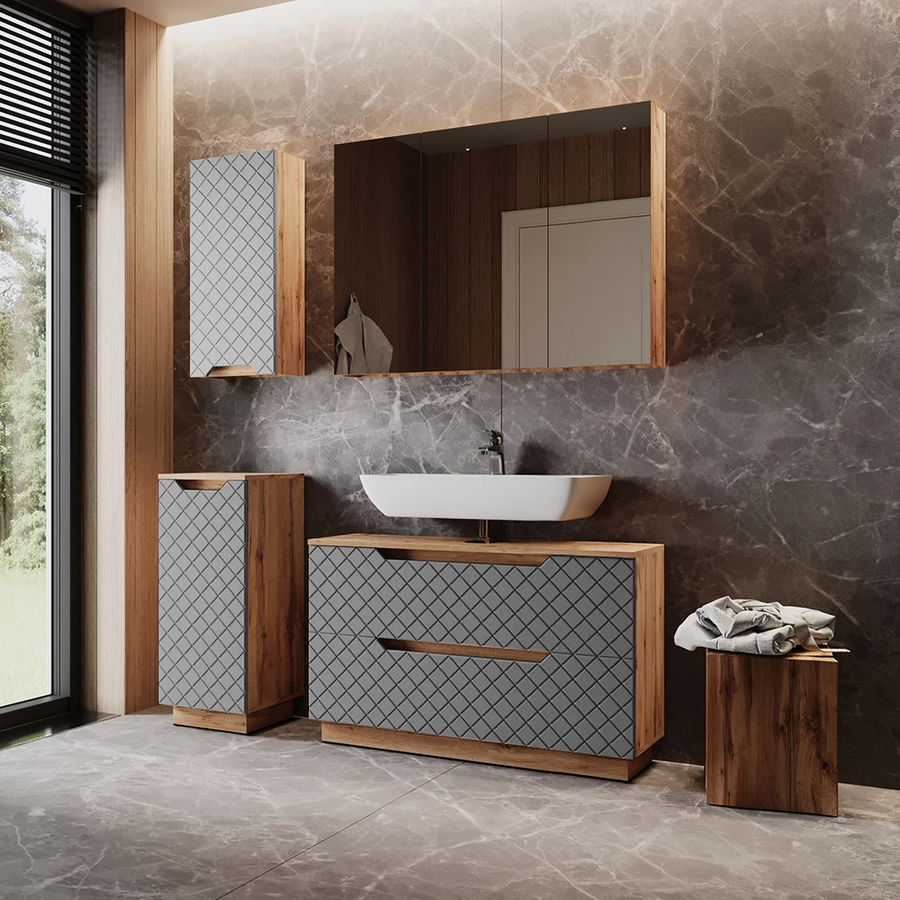 Nahaufnahme von Badmöbel-Set in Eiche/Grau mit Kachelstruktur, zeigt Design- und Oberflächendetails