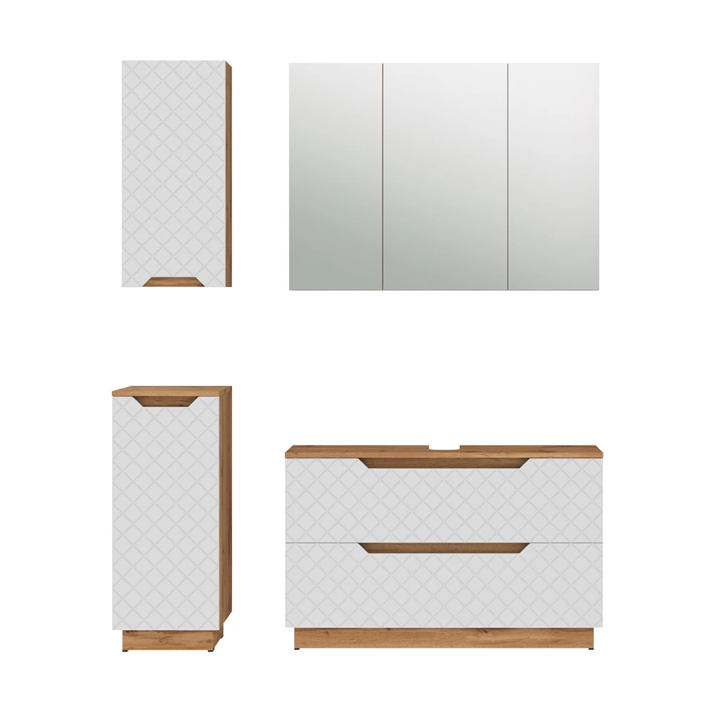 Badkamermeubelset in Eiken/wit met tegelstructuur on white background