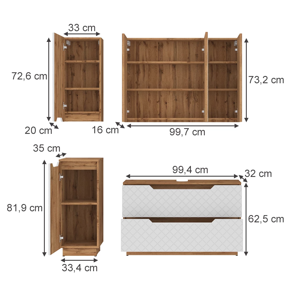 Badkamermeubelset in Eiken/wit met tegelstructuur on white background with visible dimensions