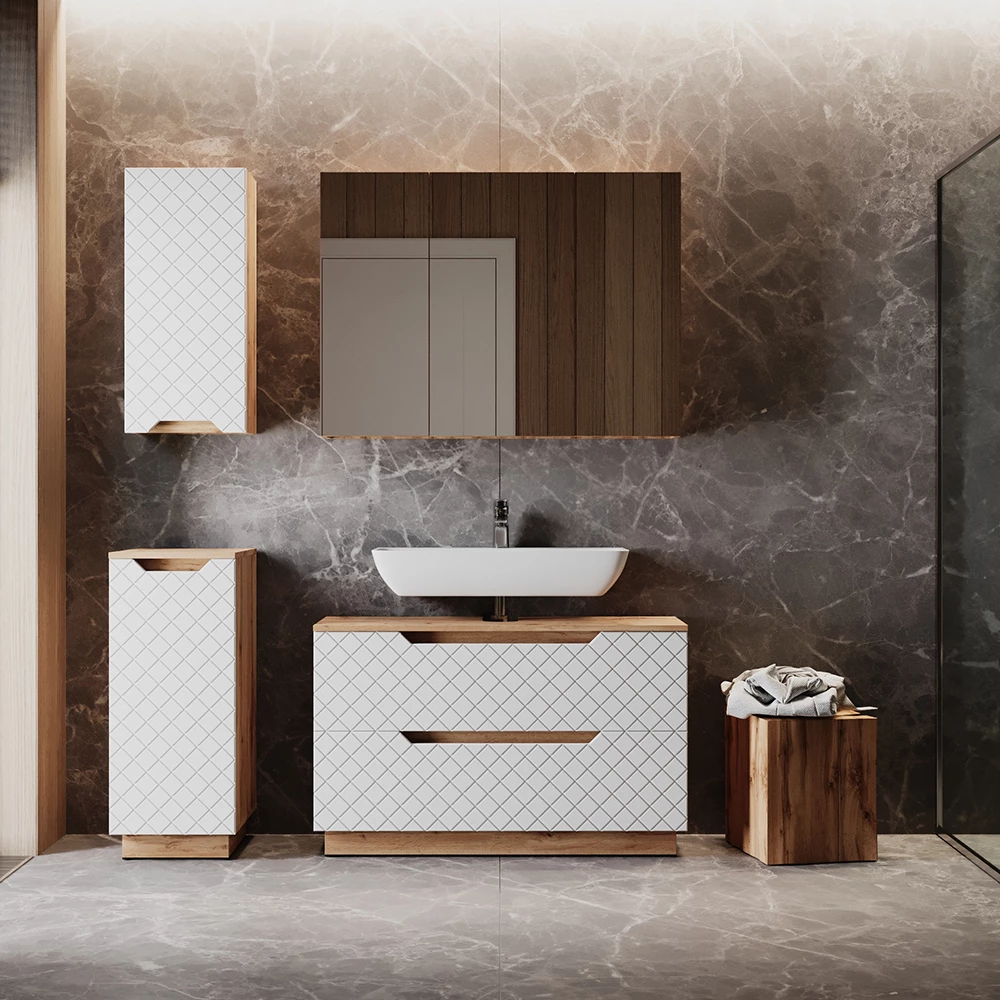 Badkamermeubelset in Eiken/wit met tegelstructuur shown in ambient setting with decoration