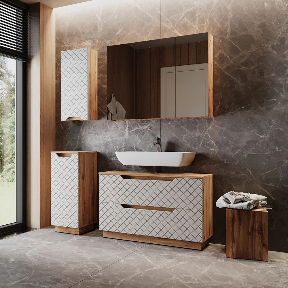 Close-up of Badkamermeubelset in Eiken/wit met tegelstructuur, showing design and surface details