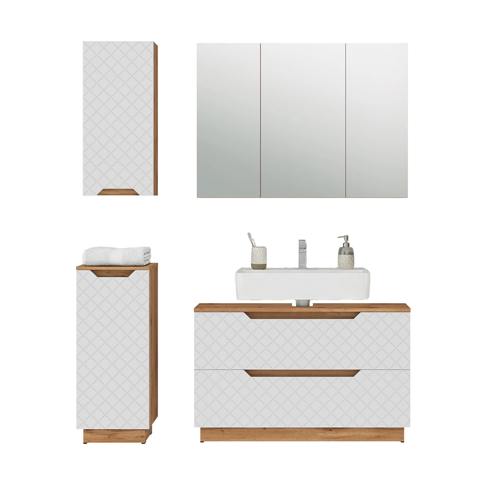 Badkamermeubelset in Eiken/wit met tegelstructuur on white background with decorative elements