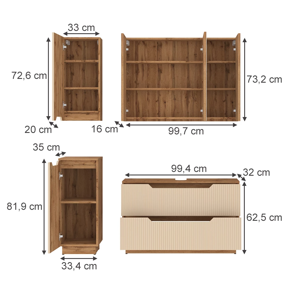 Badkamermeubelset in Eiken/kasjmier gestreept on white background with visible dimensions