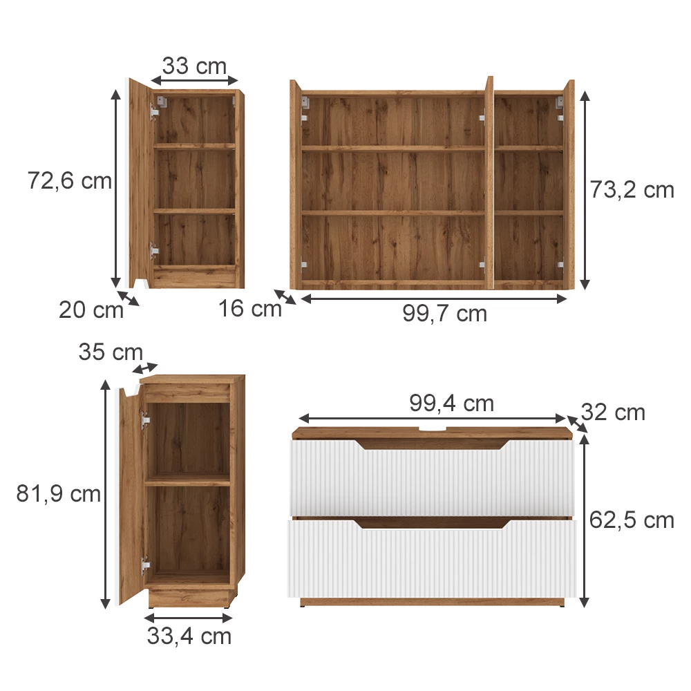 Badkamermeubelset in Eiken/wit gestreept on white background with visible dimensions