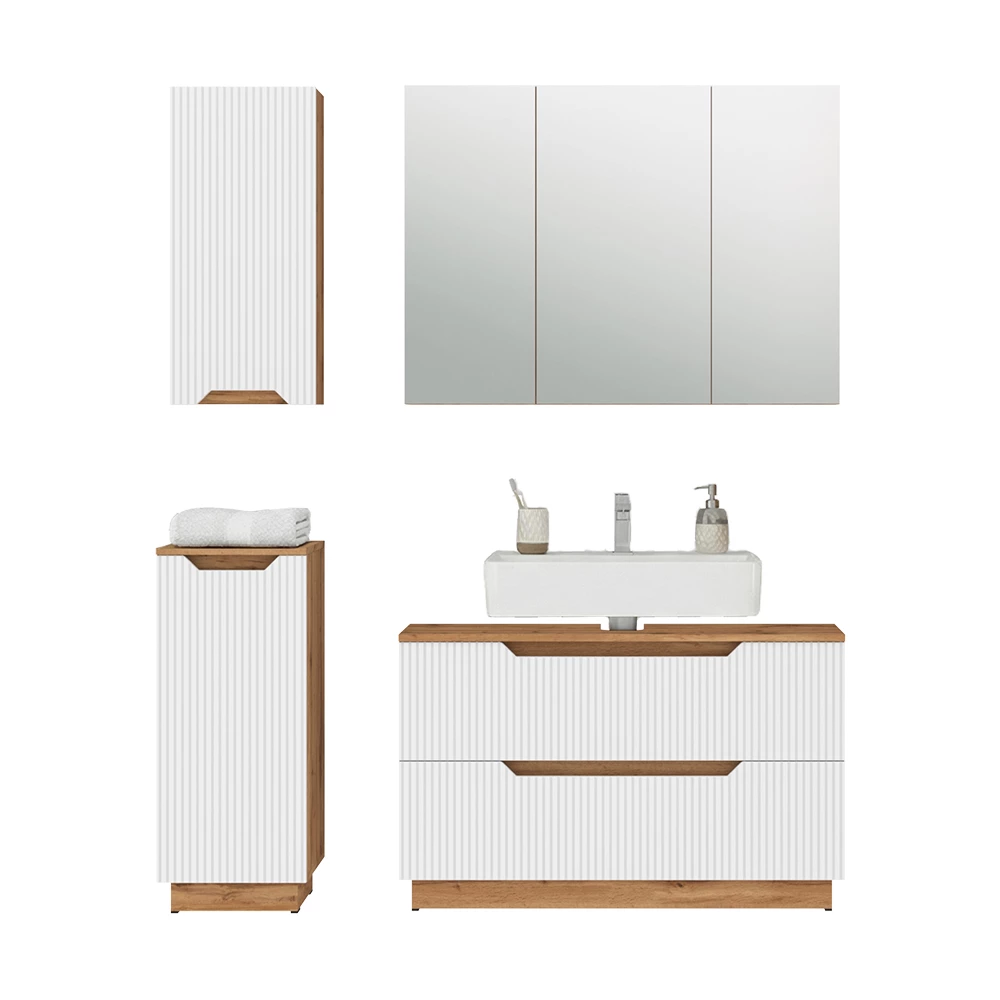 Badkamermeubelset in Eiken/wit gestreept on white background with decorative elements