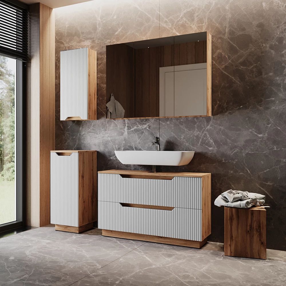 Close-up of Badkamermeubelset in Eiken/wit gestreept, showing design and surface details