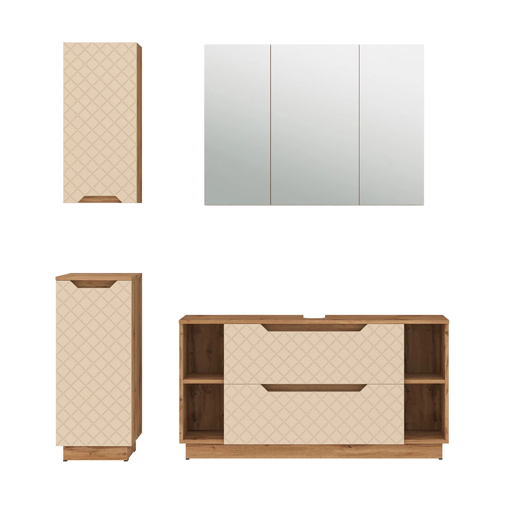 Badkamermeubelset in Eiken/kasjmier met tegelstructuur on white background