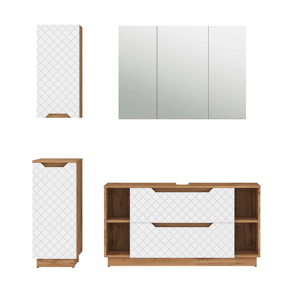 Badkamermeubelset in Eiken/wit met tegelstructuur on white background