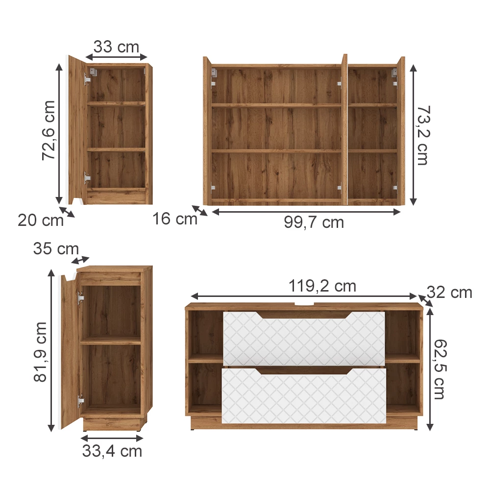 Badkamermeubelset in Eiken/wit met tegelstructuur on white background with visible dimensions