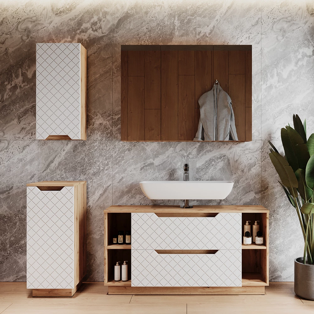 Badkamermeubelset in Eiken/wit met tegelstructuur shown in ambient setting with decoration