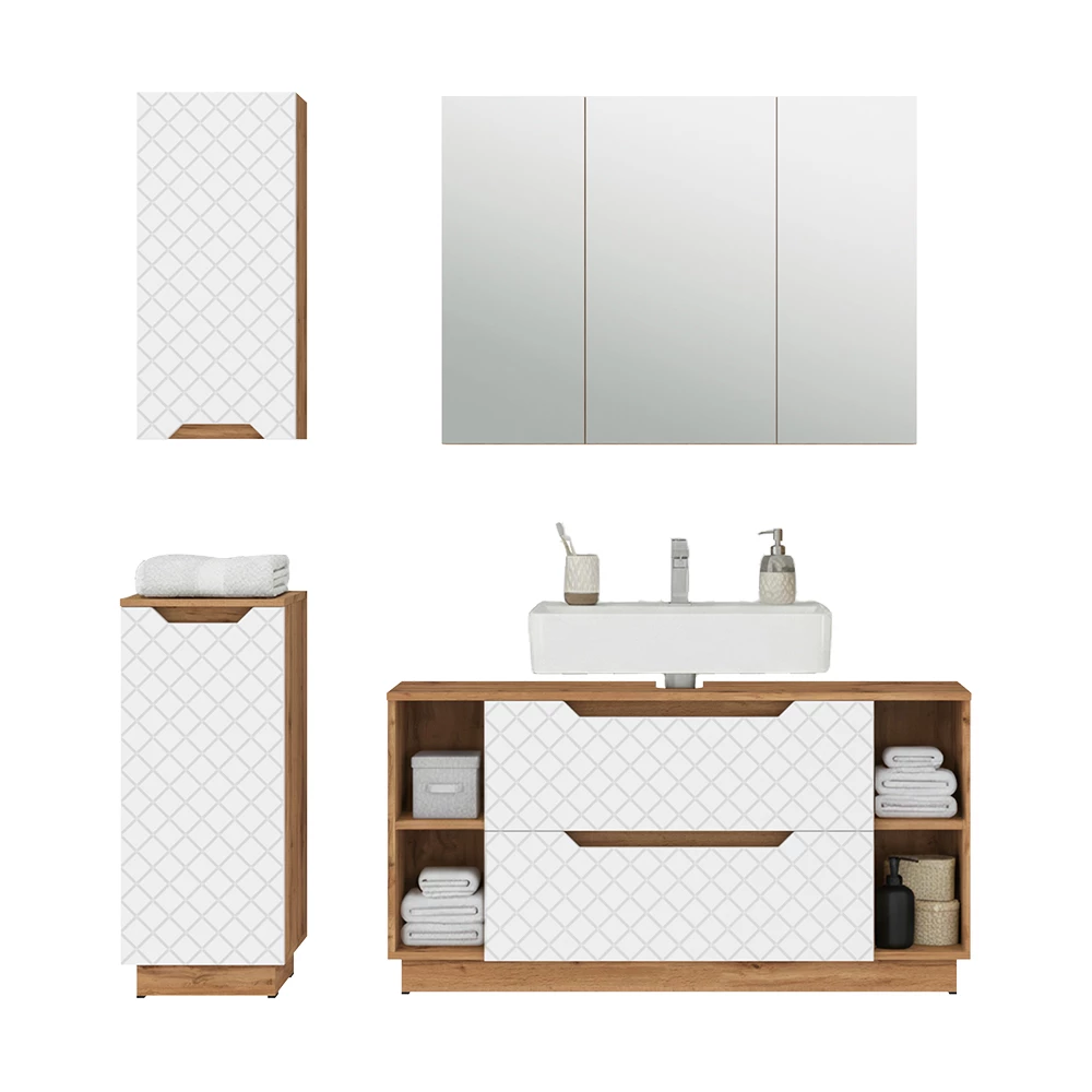 Badkamermeubelset in Eiken/wit met tegelstructuur on white background with decorative elements