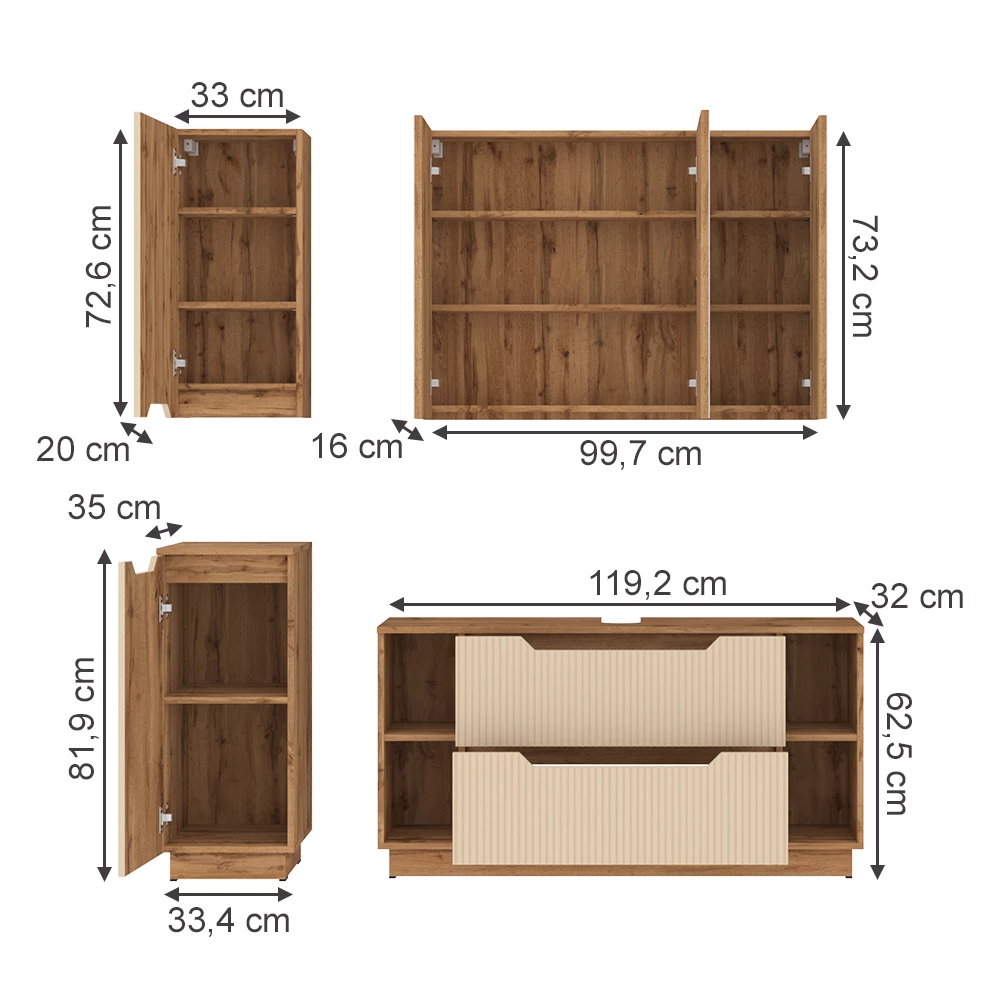 Badkamermeubelset in Eiken/kasjmier gestreept on white background with visible dimensions