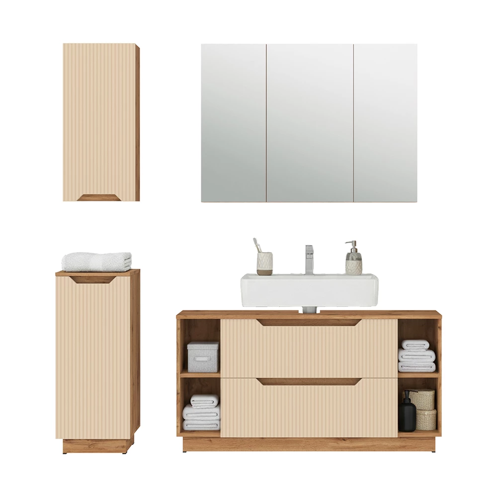 Badkamermeubelset in Eiken/kasjmier gestreept on white background with decorative elements
