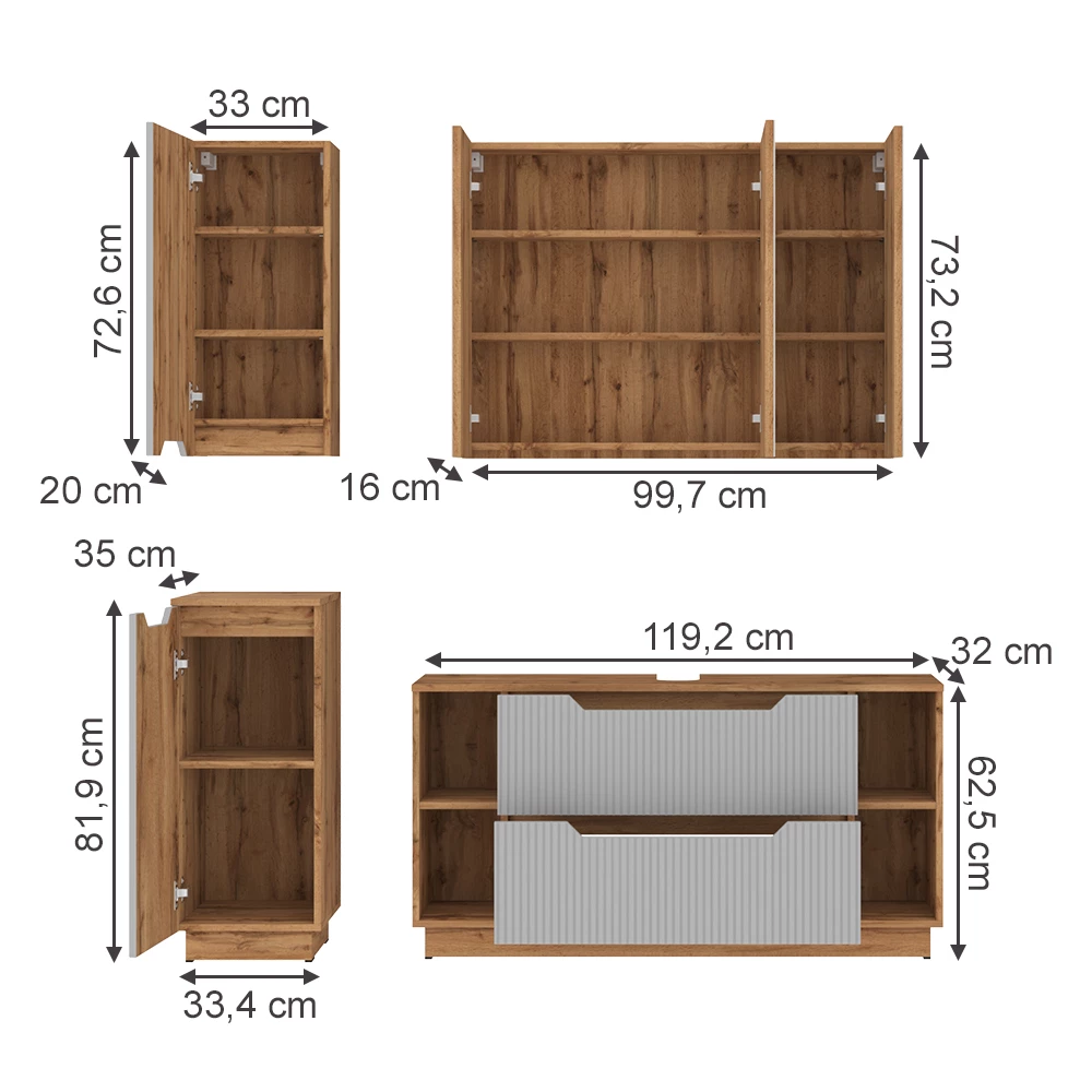 Badkamermeubelset in Eiken/grijs gestreept on white background with visible dimensions