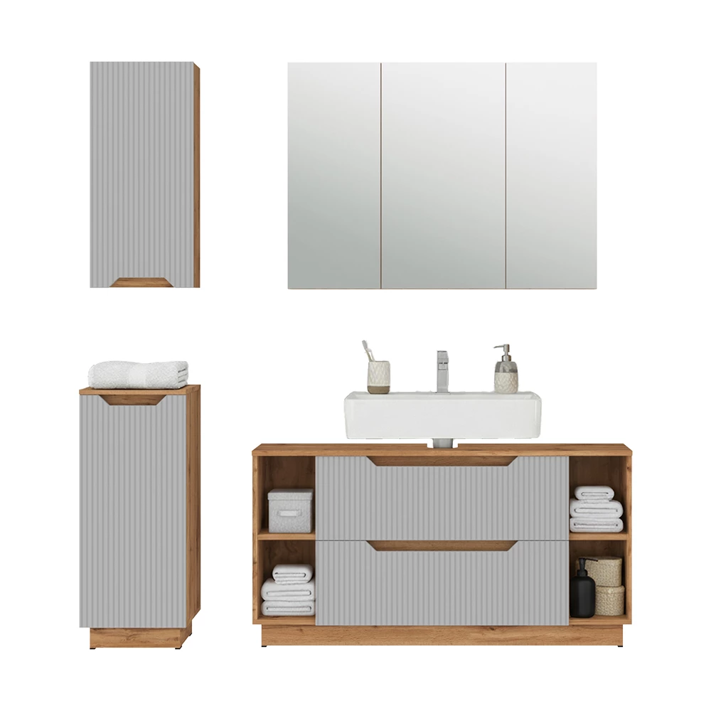 Badkamermeubelset in Eiken/grijs gestreept on white background with decorative elements