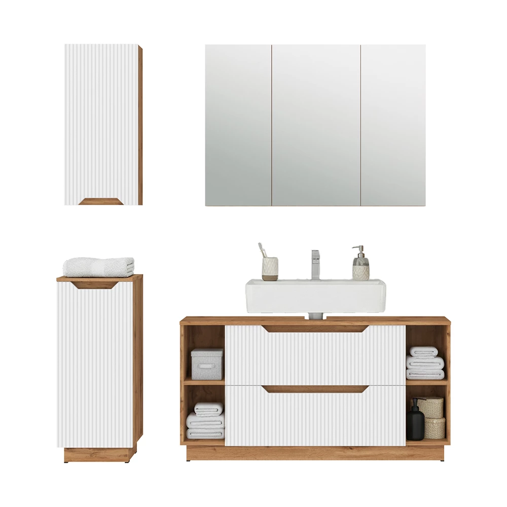 Badkamermeubelset in Eiken/wit gestreept on white background with decorative elements