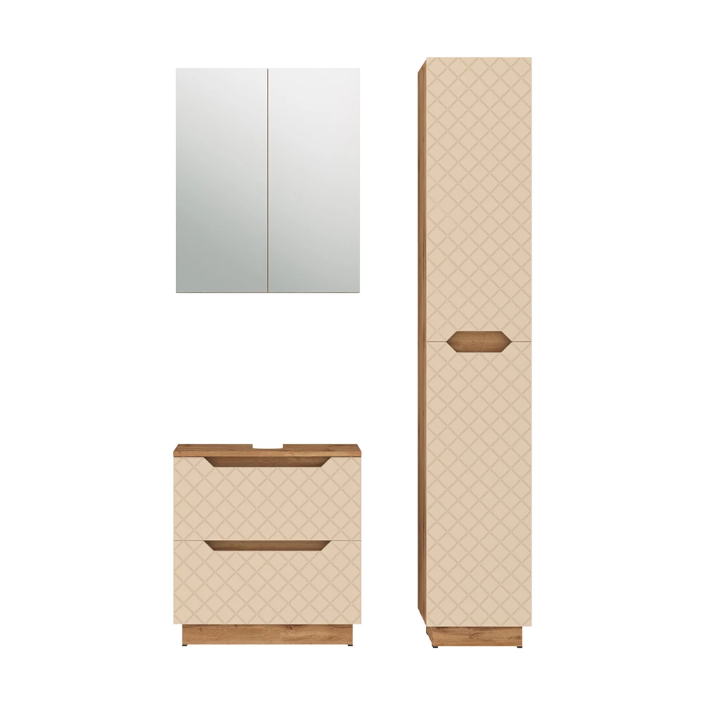 Badkamermeubelset in Eiken/kasjmier met tegelstructuur on white background