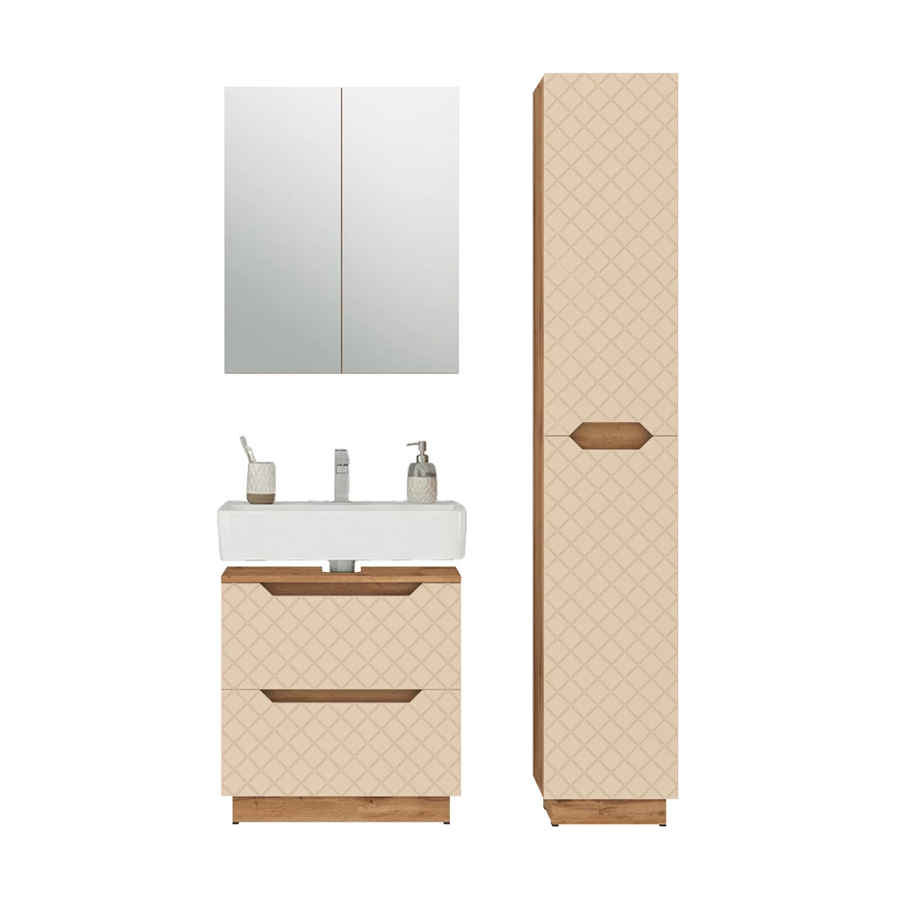 Badkamermeubelset in Eiken/kasjmier met tegelstructuur on white background with decorative elements