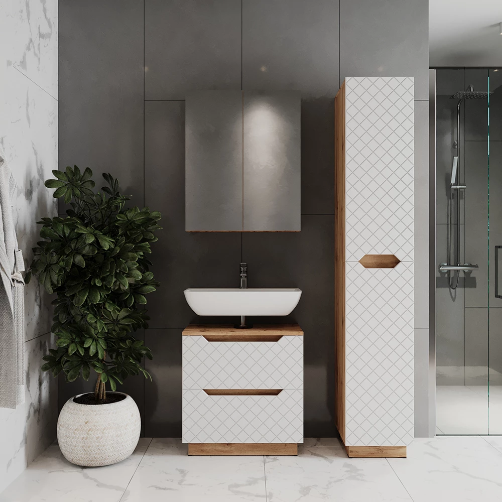 Badkamermeubelset in Eiken/wit met tegelstructuur shown in ambient setting with decoration