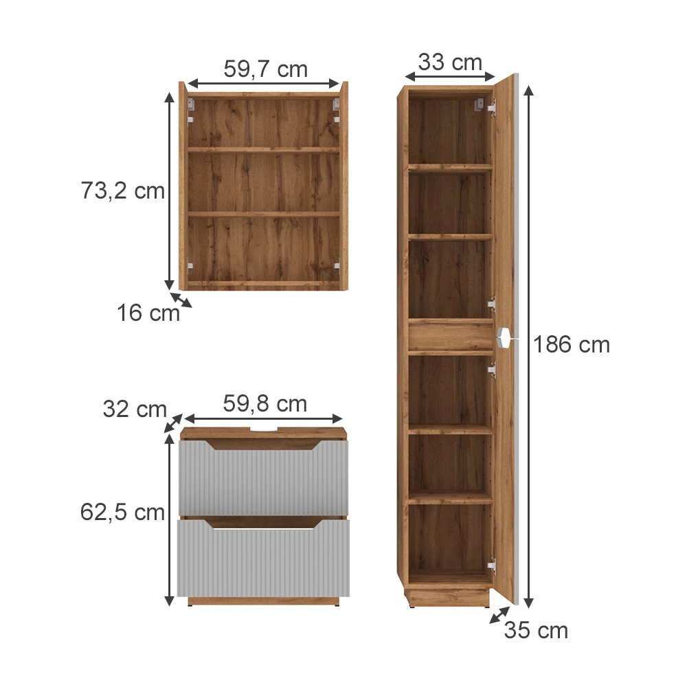 Badkamermeubelset in Eiken/grijs gestreept on white background with visible dimensions