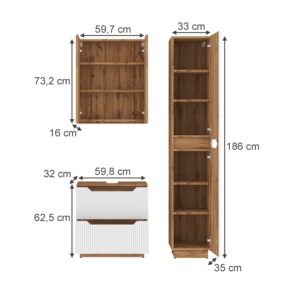 Badkamermeubelset in Eiken/wit gestreept on white background with visible dimensions