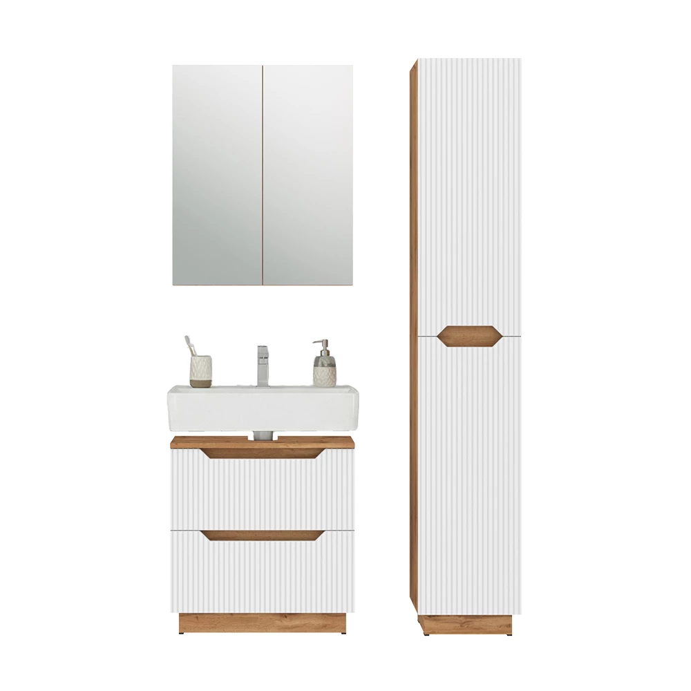 Badkamermeubelset in Eiken/wit gestreept on white background with decorative elements