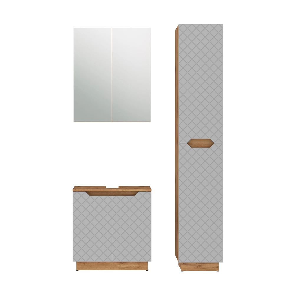 Badkamermeubelset in Eiken/grijs met tegelstructuur on white background