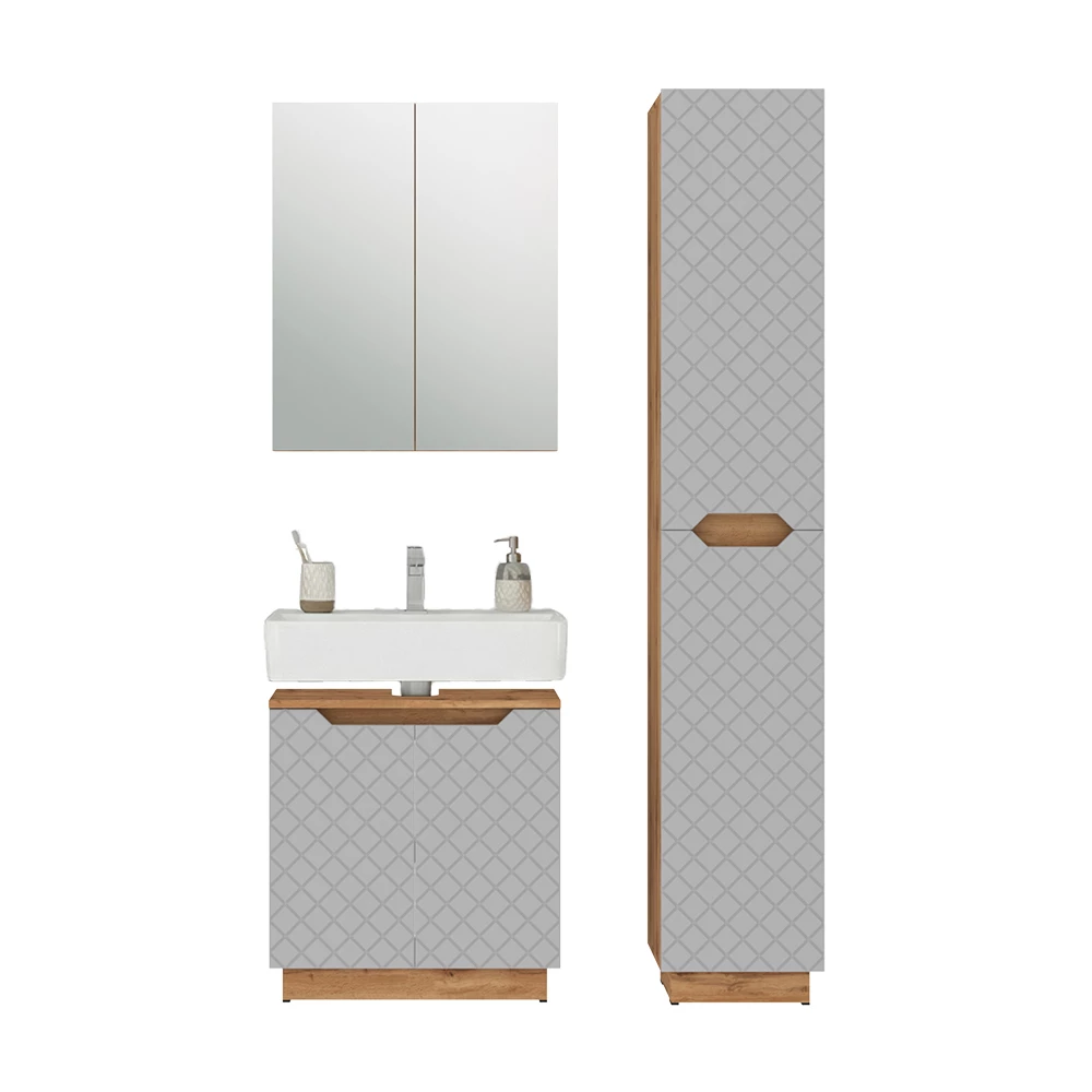Badkamermeubelset in Eiken/grijs met tegelstructuur on white background with decorative elements