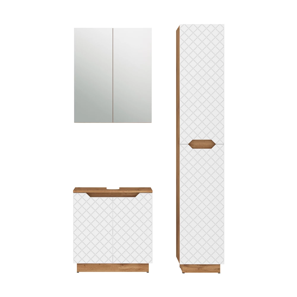 Badkamermeubelset in Eiken/wit met tegelstructuur on white background