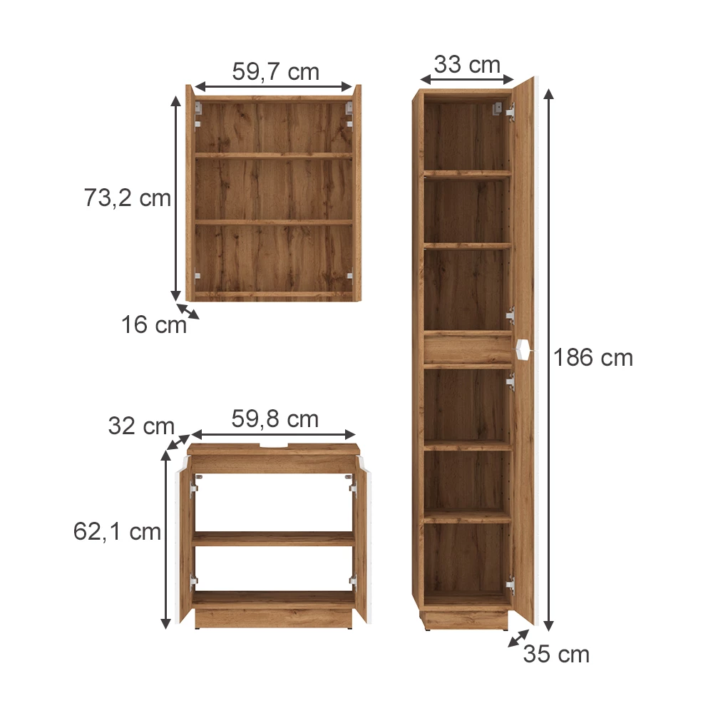 Badkamermeubelset in Eiken/wit met tegelstructuur on white background with visible dimensions