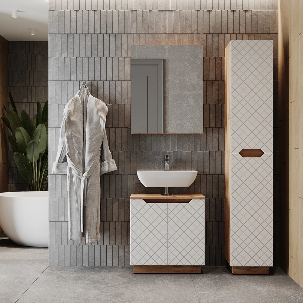 Badkamermeubelset in Eiken/wit met tegelstructuur shown in ambient setting with decoration