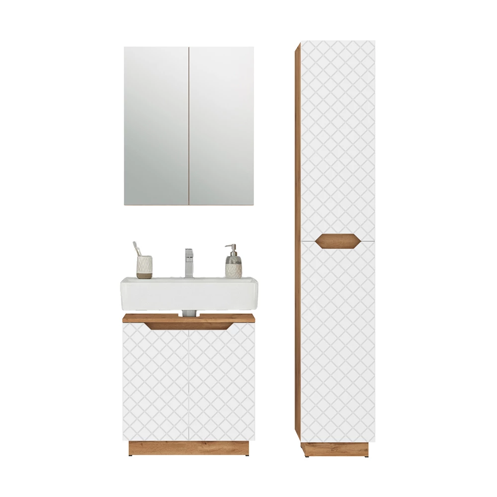 Badkamermeubelset in Eiken/wit met tegelstructuur on white background with decorative elements