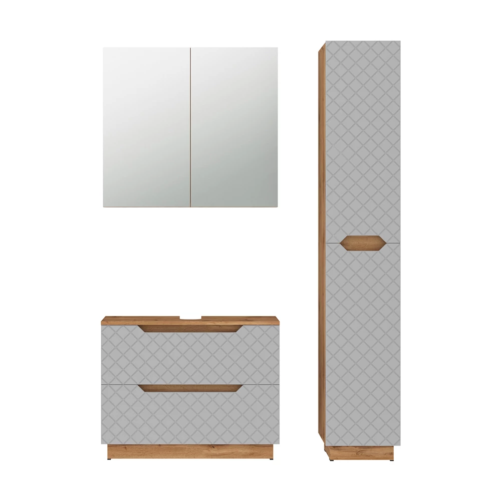 Badkamermeubelset in Eiken/grijs met tegelstructuur on white background