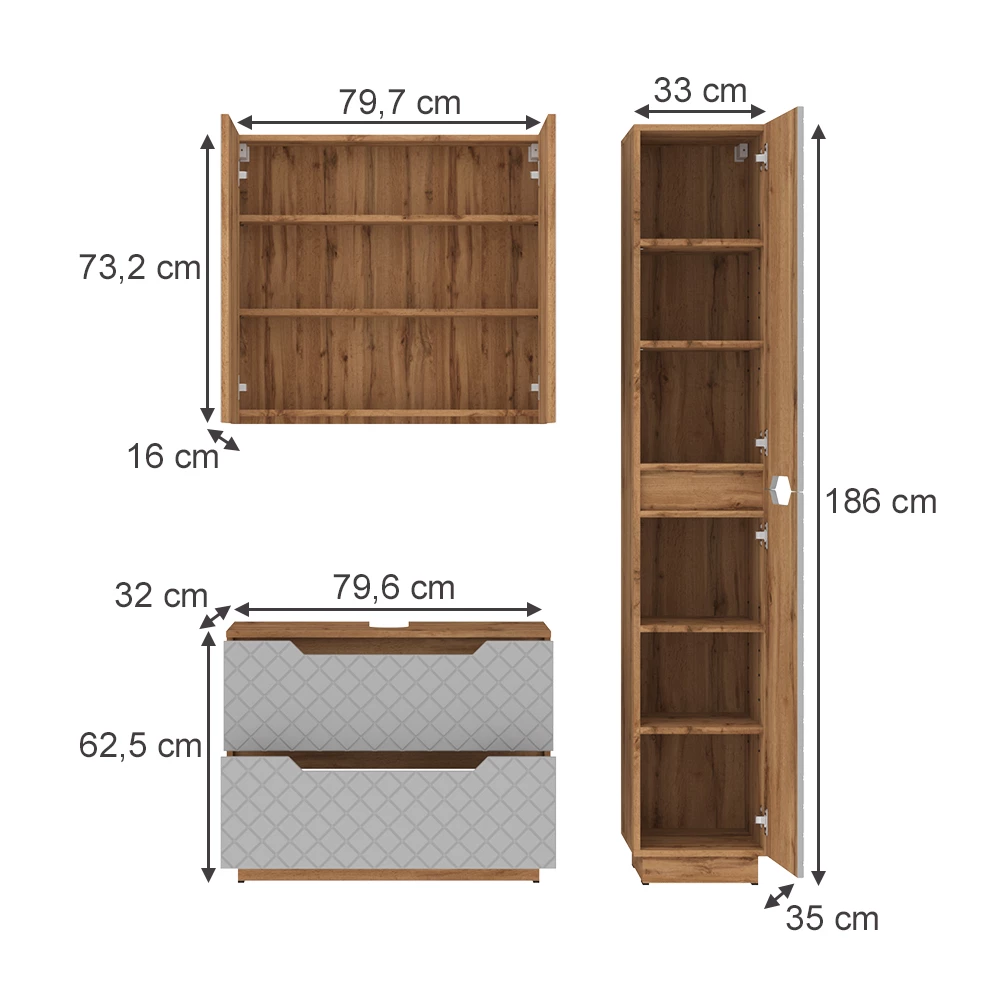 Badkamermeubelset in Eiken/grijs met tegelstructuur on white background with visible dimensions