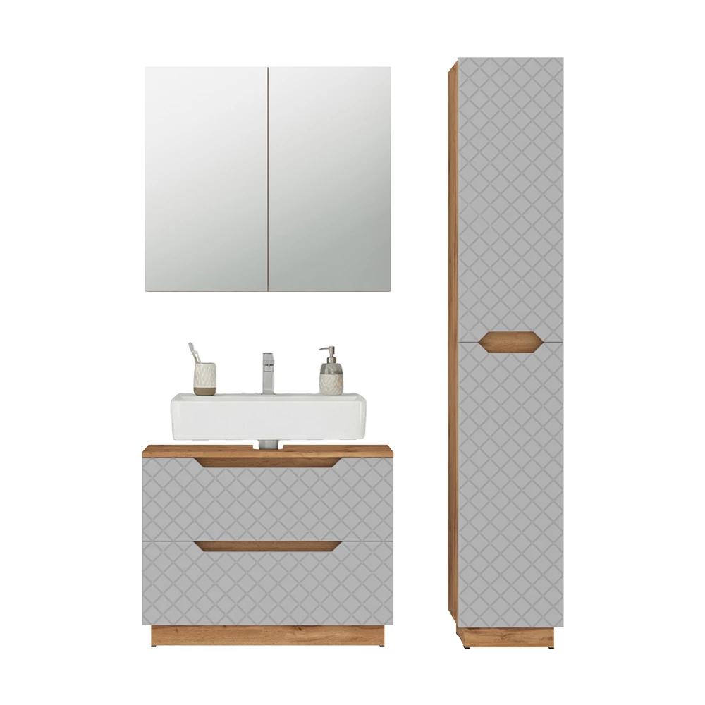 Badkamermeubelset in Eiken/grijs met tegelstructuur on white background with decorative elements