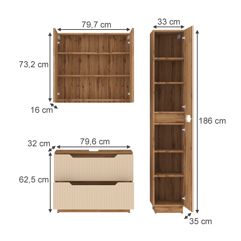 Badkamermeubelset in Eiken/kasjmier gestreept on white background with visible dimensions