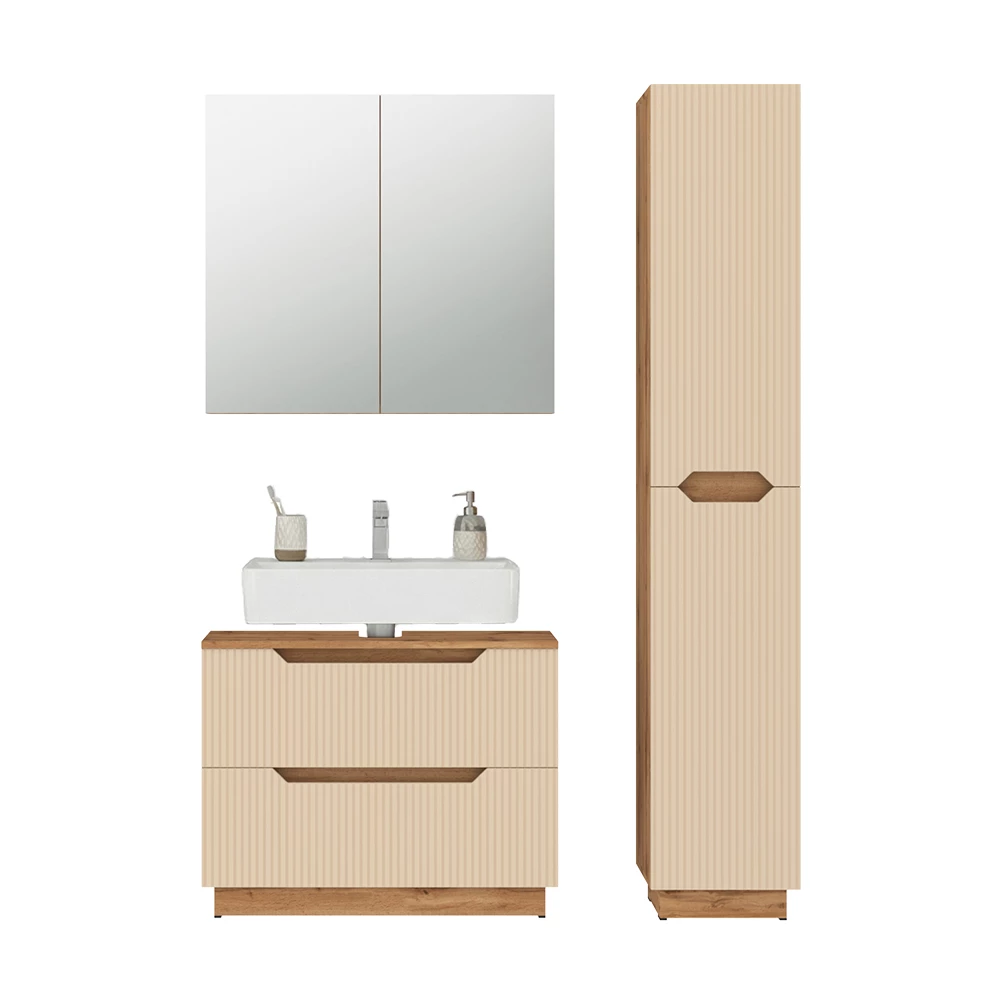 Badkamermeubelset in Eiken/kasjmier gestreept on white background with decorative elements