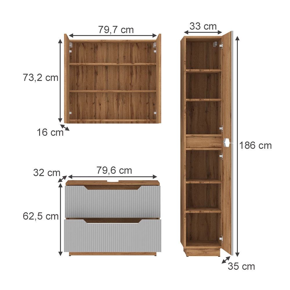 Badkamermeubelset in Eiken/grijs gestreept on white background with visible dimensions