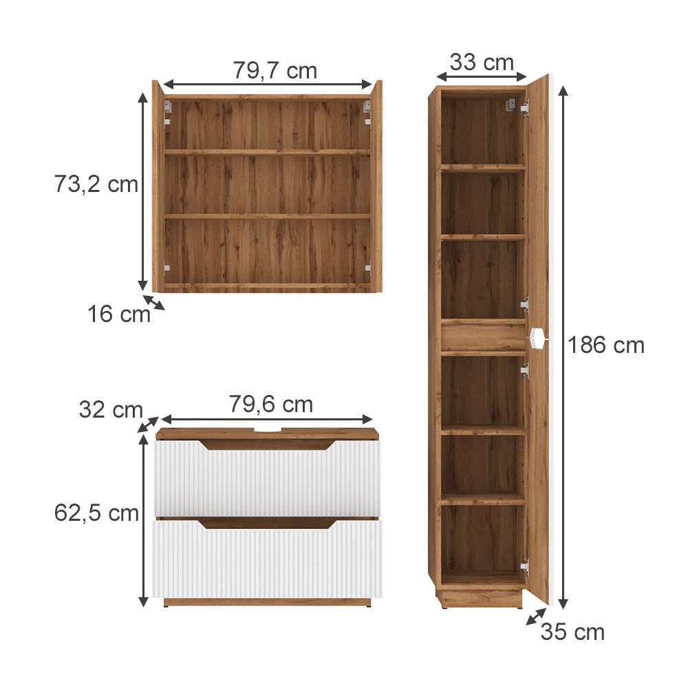 Badkamermeubelset in Eiken/wit gestreept on white background with visible dimensions