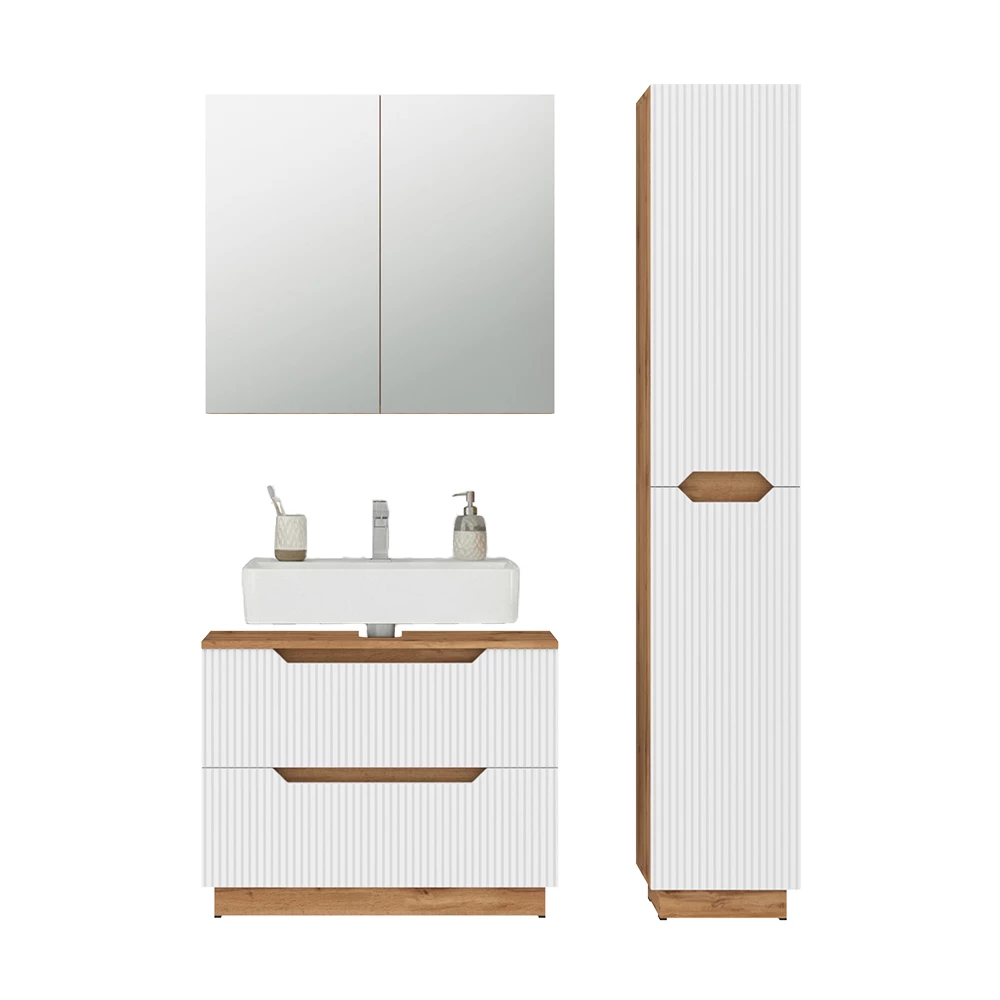 Badkamermeubelset in Eiken/wit gestreept on white background with decorative elements