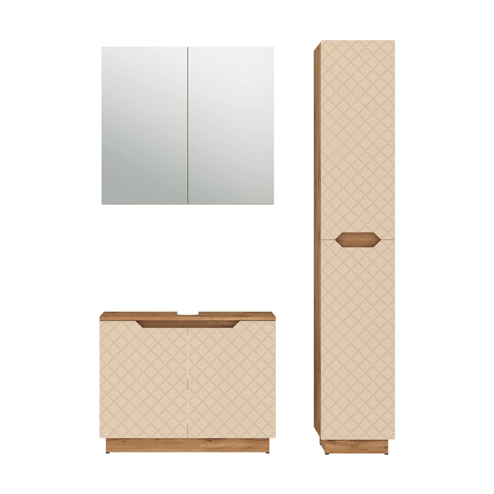 Badkamermeubelset in Eiken/kasjmier met tegelstructuur on white background