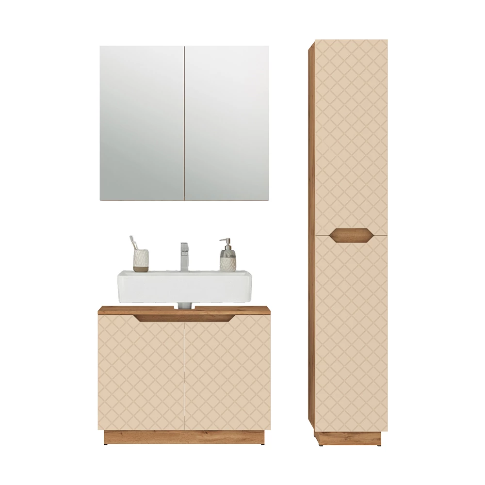 Badkamermeubelset in Eiken/kasjmier met tegelstructuur on white background with decorative elements