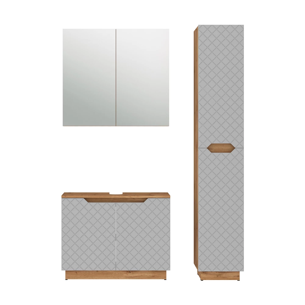 Badkamermeubelset in Eiken/grijs met tegelstructuur on white background