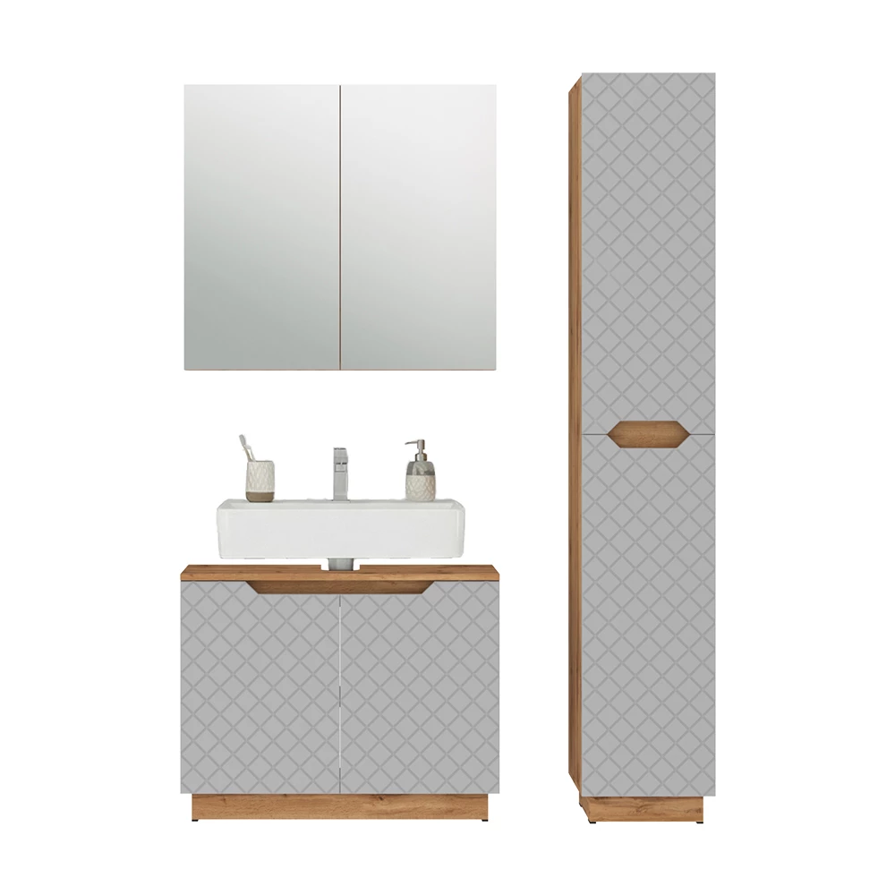 Badkamermeubelset in Eiken/grijs met tegelstructuur on white background with decorative elements