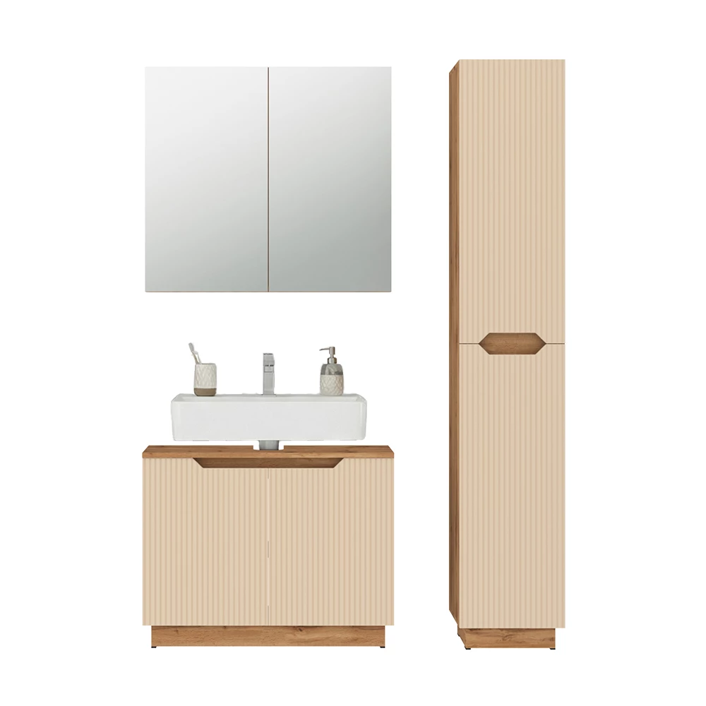 Badkamermeubelset in Eiken/kasjmier gestreept on white background with decorative elements
